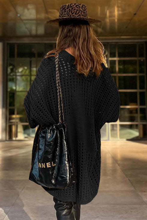 Pointelle Knit Pocket Open Front Cardigan